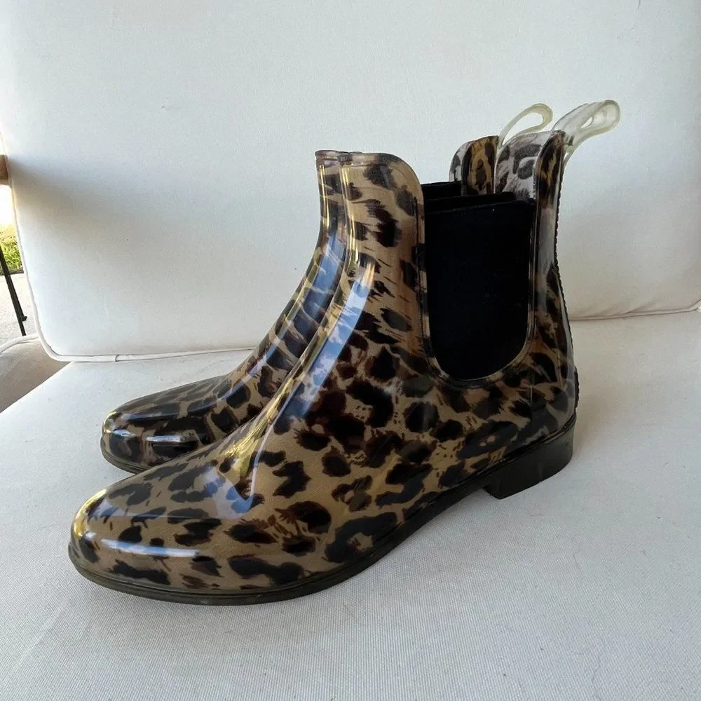 J. Crew Leopard Print Rain Chelsea Boots - Black Elastic